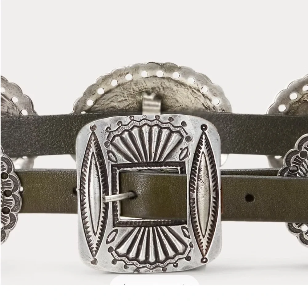 Polo Ralph Lauren Western Distressed Leather Metal Accent Belt Olive Small NWT - Picture 3 of 11